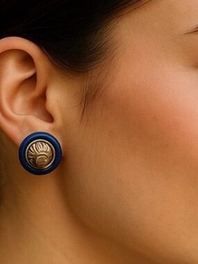 GIVENCHY Vintage Blue enamel and Gold plated Button Earrings